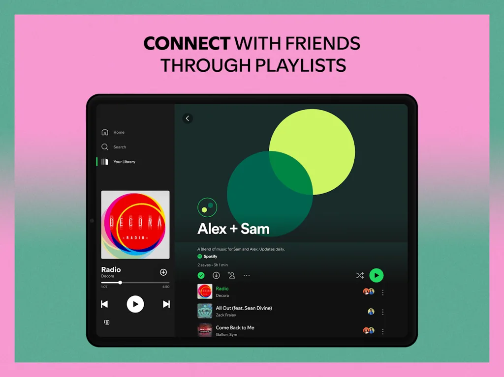 Official Spotify app interface showing shared playlists and the music player